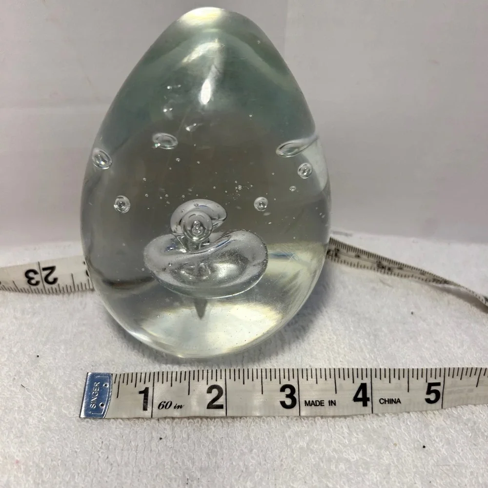 Vintage Hand Blown Glass Egg Paperweight Clear Controlled Bubble Art Glass